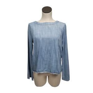 Cloth & Stone Frayed Hem Long Sleeve Cut-out Button Back Chambray Top Small